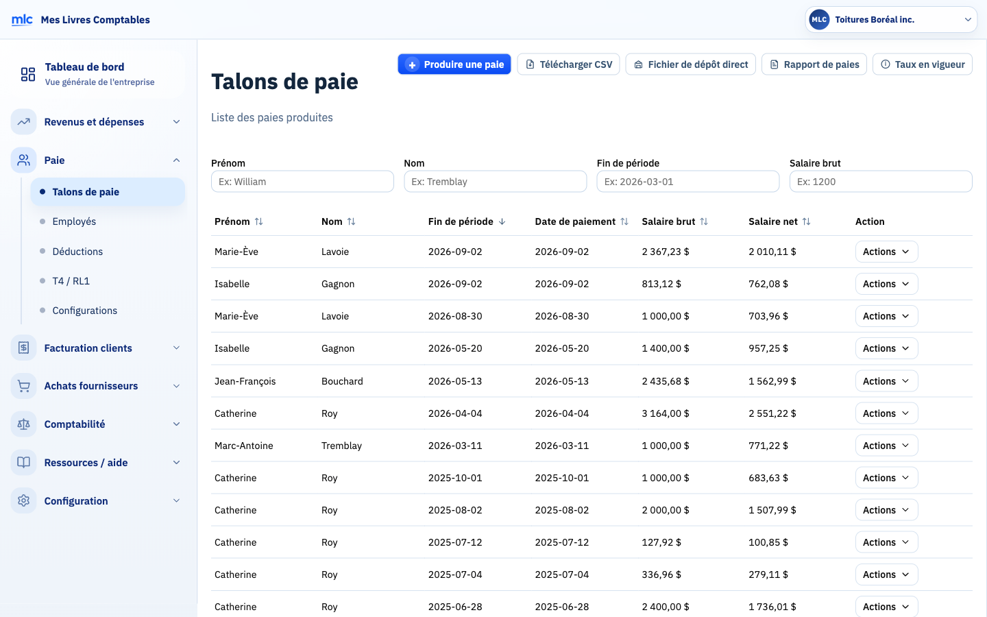 Page « Talons de paie » : liste des paies produites avec prénom, nom, fin de période, date de paiement, salaire brut et net.