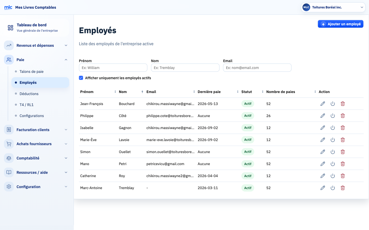 Page « Employés » : tableau avec prénom, nom, email, dernière paie, statut, nombre de paies et actions.