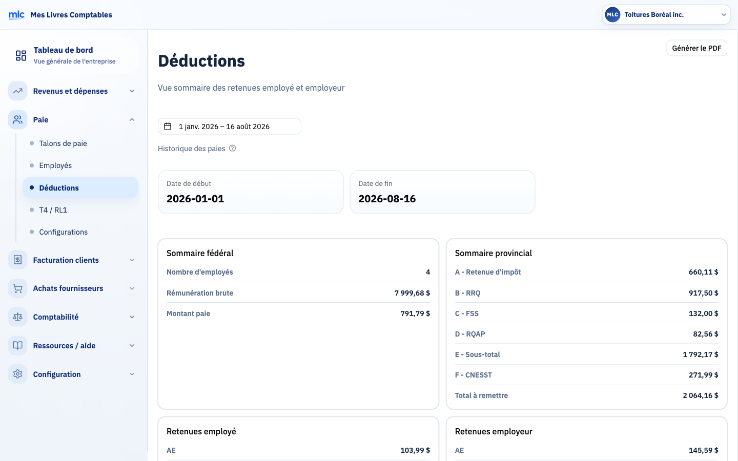 Page « Déductions » : sommaire fédéral et sommaire provincial avec retenue d'impôt, RRQ, FSS, RQAP, CNESST et total à remettre.