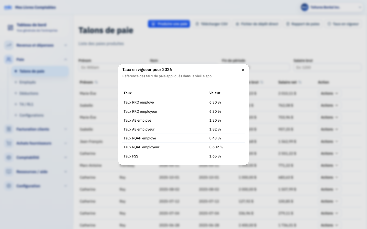 Modal « Taux en vigueur pour 2026 » : tableau à deux colonnes listant les taux RRQ, AE, RQAP et FSS.