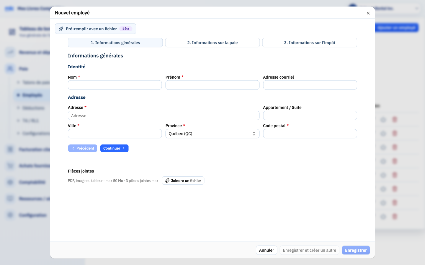 Modal « Nouvel employé » avec un stepper à trois étapes : informations générales, informations sur la paie, informations sur l'impôt.